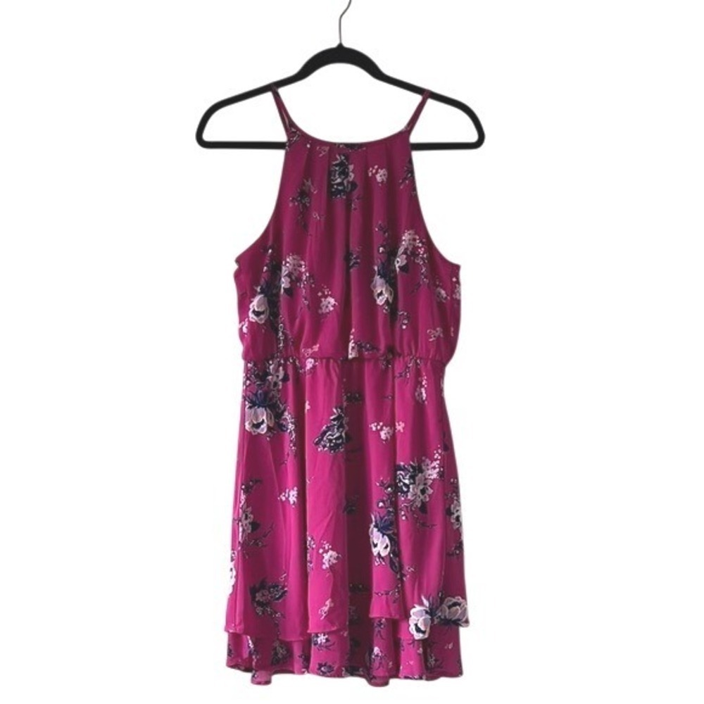Floral Halter Mini Dress Large Magenta Pink Tiered Ruffle Boho Dress